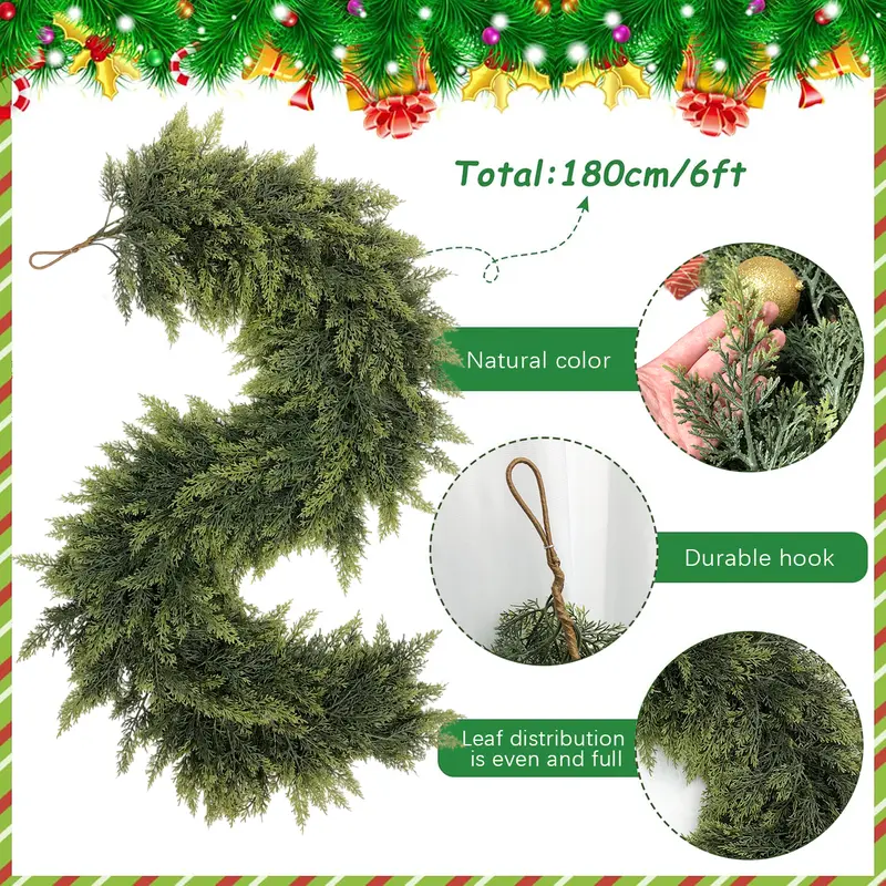🎄🎅 Artificial Cedar Garland🌿Green Pine Garland for Table, Mantel, Wall – Perfect for Indoor & Outdoor Christmas Decorations