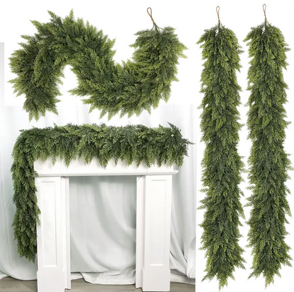 🎄🎅 Artificial Cedar Garland🌿Green Pine Garland for Table, Mantel, Wall – Perfect for Indoor & Outdoor Christmas Decorations
